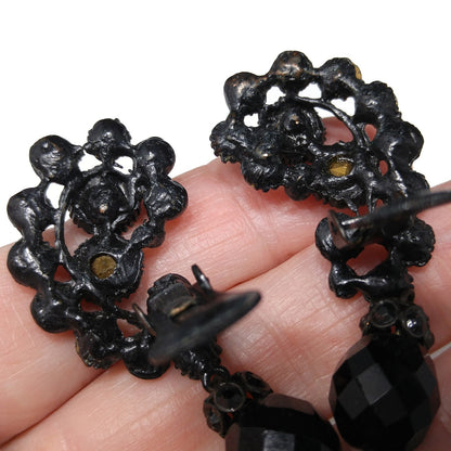 Vintage 1950s Japanned Black Crystal Rhinestone Drop Earrings