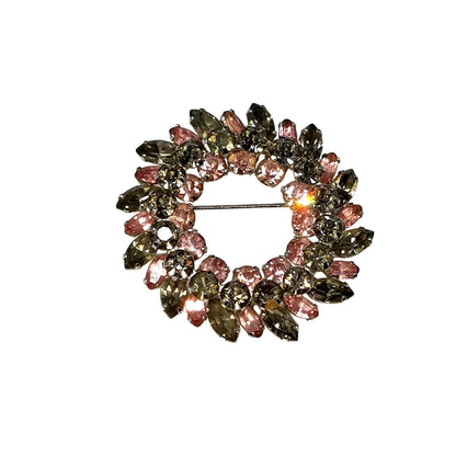 Sherman 1950s Pink & Smoky Gray Rhinestone Wreath Brooch | Rhodium Plated Mid-Century Signed Pin