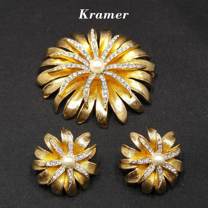 Kramer Floral Rhinestone Brooch & Earrings, Gold Plated, Faux Pearls, 1960s Vintage Jewelry