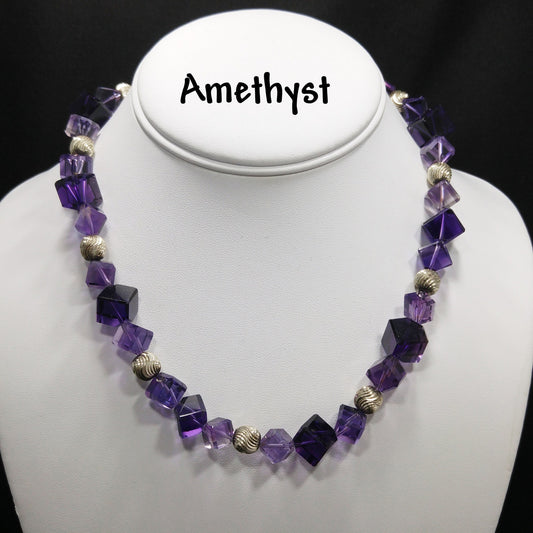 Vintage Amethyst Cube Bead Necklace – Light & Dark Purple Gemstones – 1990s