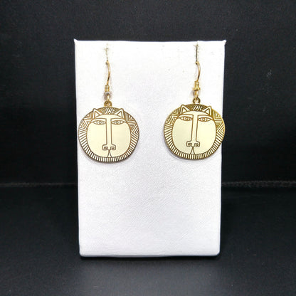 Laurel Burch "Moon Tiger" White Drop Earrings, Gold Plated Cloisonné, White Enamel, 1980s Vintage Jewelry