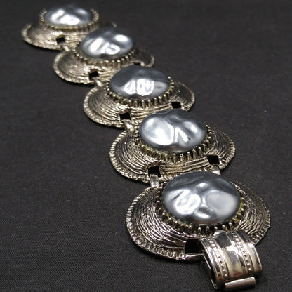 Mid-century Silver Chunky Five Link Bracelet, Gold Plated, Blue Lucite Metallic Pearled, 1960s Vintage Jewelry