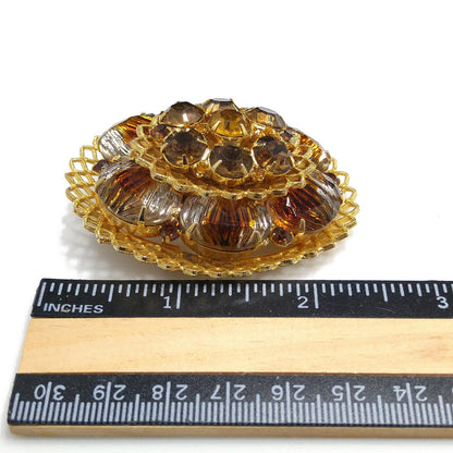 Light Dark Topaz Rhinestones Filigree Brooch, Art Glass, Two Tiered Oval Pin, 1960s Vintage Jewelry