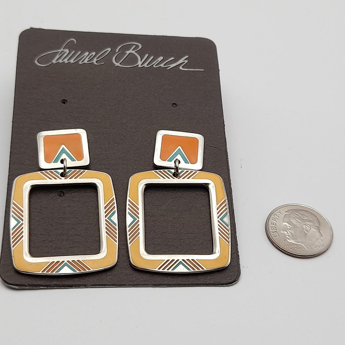 Vintage 1988 Laurel Burch Geometric Yellow Orange Enamel Post Earrings on Original Card