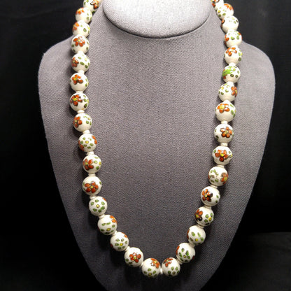 Vintage Ceramic Hand Painted Bead Necklace, Chinese Import, Hand-Knotted, 1960s