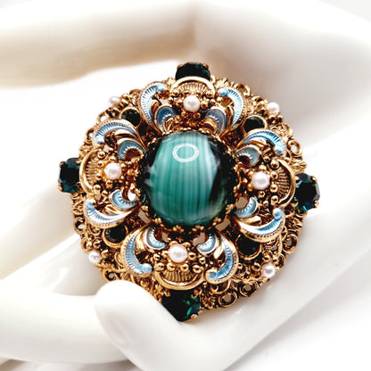 Vintage West Germany 1950s Green Rhinestone Enamel Filigree Faux Pearl Layered Brooch