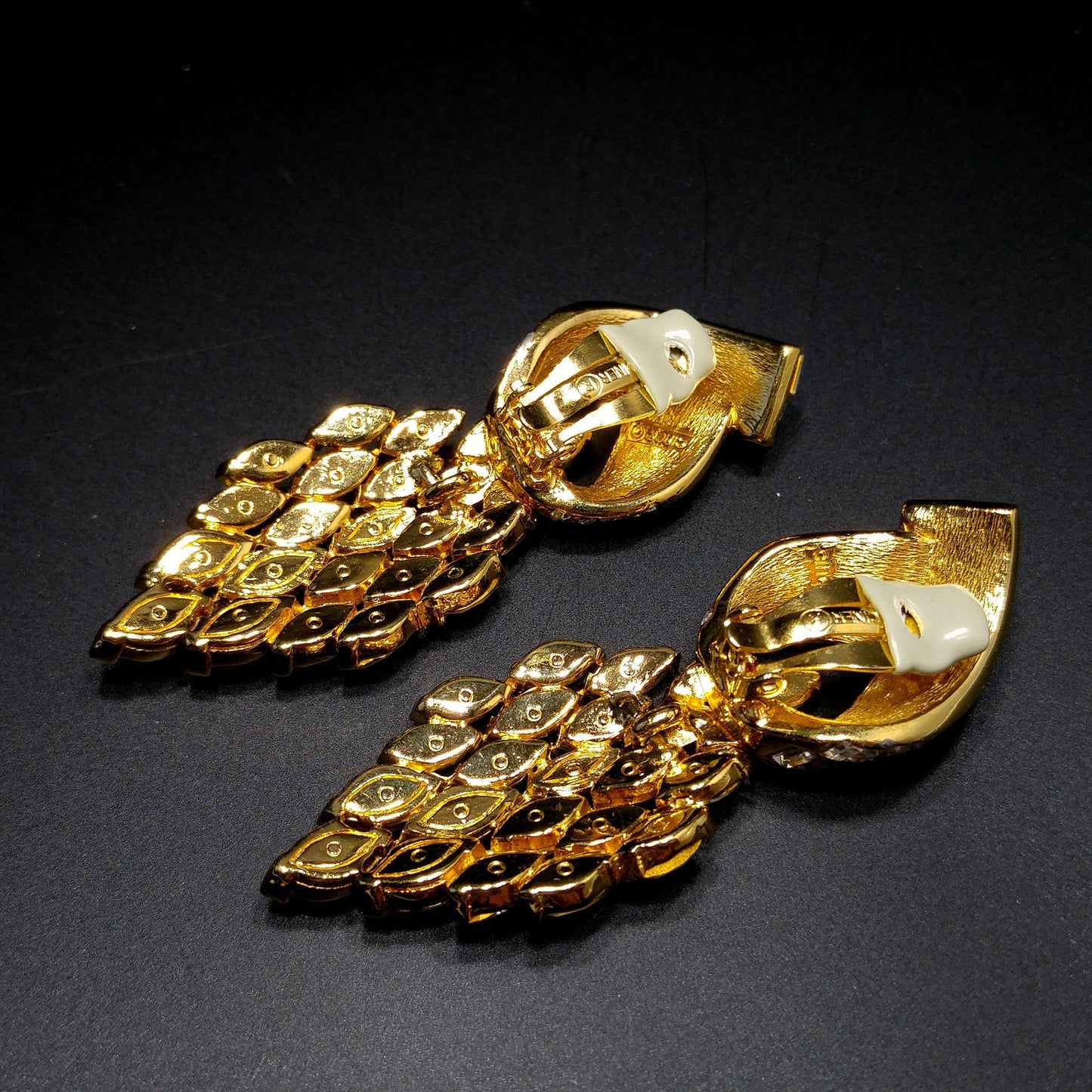 Vintage CINER Runway Clear Rhinestone Long Clip Earrings, Gold Plated