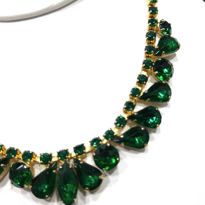Vintage Emerald Green Rhinestone Choker Necklace, Gold Plated, 14 3/4 Inches, 1960s Vintage Jewelry