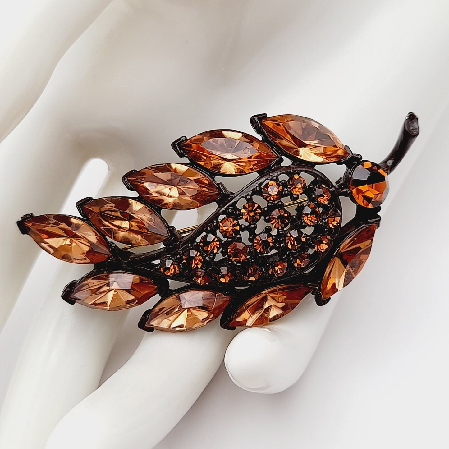 Vintage MGENT Topaz Rhinestone Leaf Japanned Brooch Pin