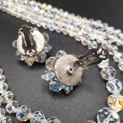 Clear Aurora Borealis Crystal Necklace Earrings Set, Four Strands, Clip Earrings, 1950s Vintage Jewelry