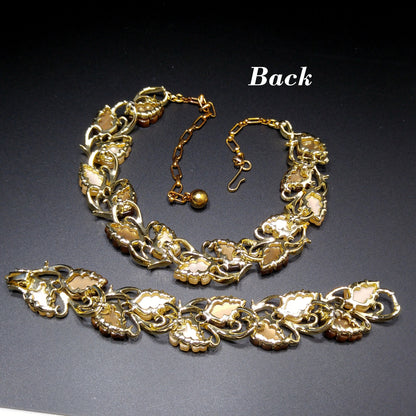 Mid-Century Beige Brown Moonglow Leaves Necklace Bracelet Set, Lucite Jewelry, 1950s Vintage Jewelry