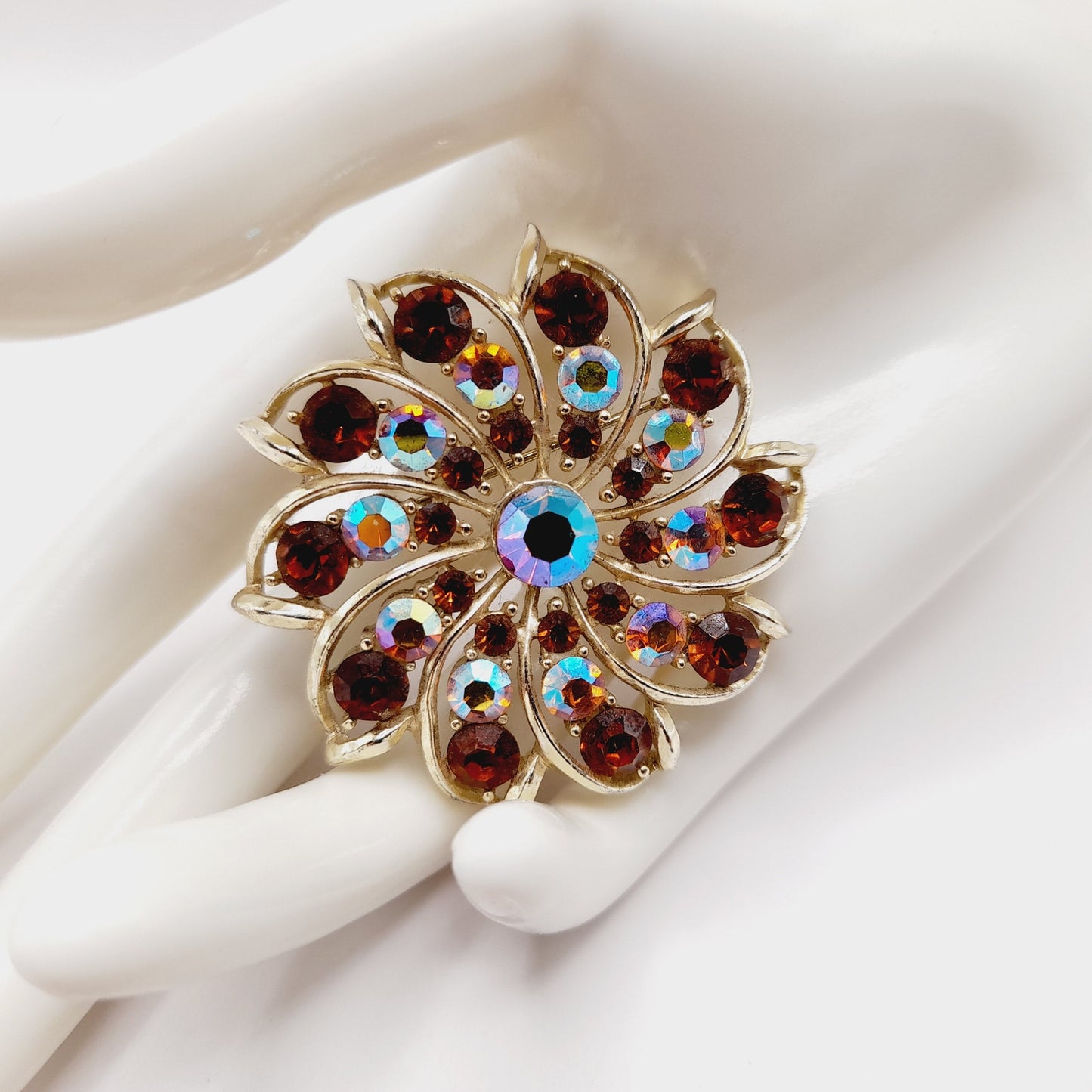 Vintage Topaz AB Rhinestone Flower Brooch Gold Plated 2 Inch Unsigned