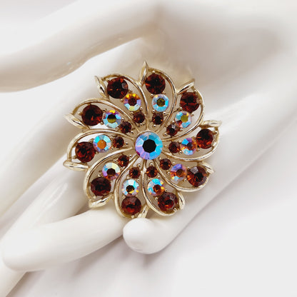 Vintage Topaz AB Rhinestone Flower Brooch Gold Plated 2 Inch Unsigned