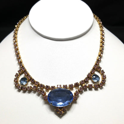 Large Blue & Pink Rhinestone Necklace, Gold Plated, 1950s Vintage Jewelry