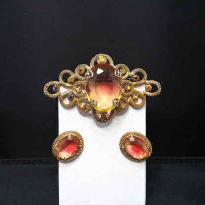 Vintage Gold Pink Large Glass Brooch Earrings Set, Gold Plated, 1960s Vintage Jewelry