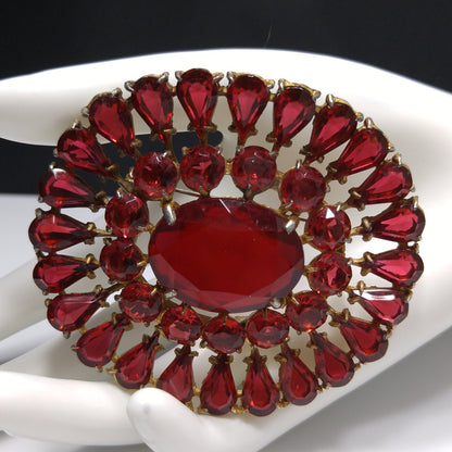 Large Red Rhinestone Sash Pin Brooch, Faceted Red Glass Stone Center, 1940s Vintage Jewelry