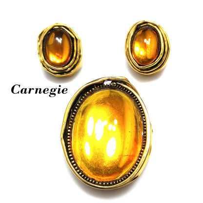 Vintage Carnegie Modernist Brooch Earrings, Light Topaz Glass, 1950s Vintage Jewelry