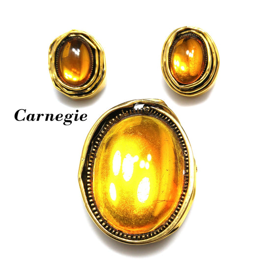 Vintage Carnegie Modernist Brooch Earrings, Light Topaz Glass, 1950s Vintage Jewelry