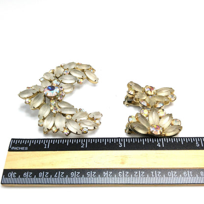 Frosty Rhinestone Brooch & Clip Earrings, Aurora Borealis, Gold Plated, 1960s Vintage Jewelry