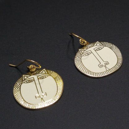 Laurel Burch "Moon Tiger" White Drop Earrings, Gold Plated Cloisonné, White Enamel, 1980s Vintage Jewelry