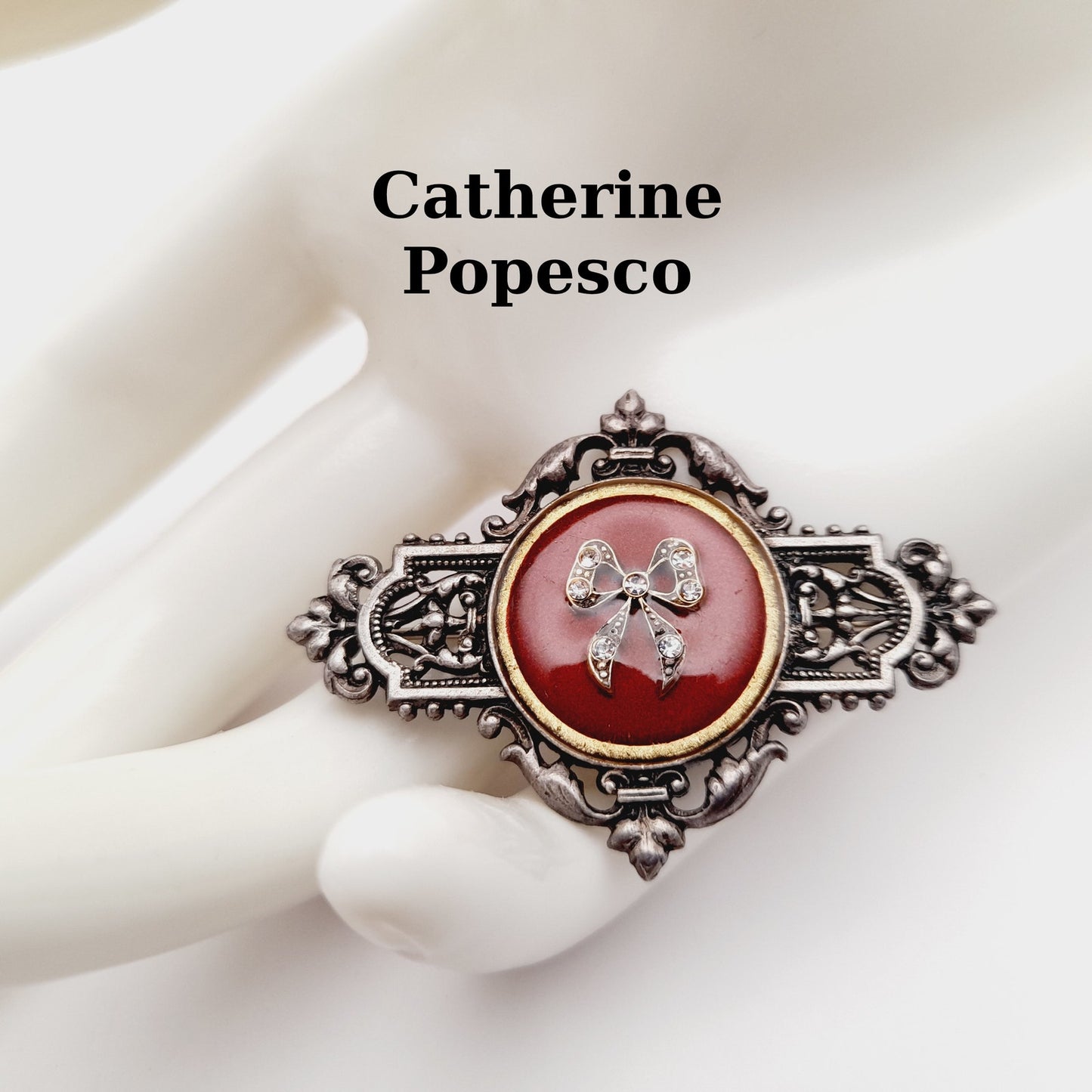 Vintage Catherine Popesco Art Deco Red Enamel Silver Plated Brooch