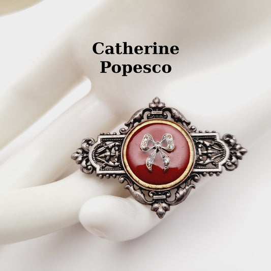 Vintage Catherine Popesco Art Deco Red Enamel Silver Plated Brooch