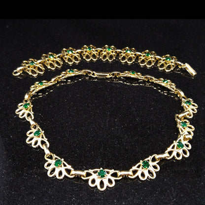 Green Rhinestone Necklace & Bracelet Set, Gold Tone, 1950s Vintage Jewelry