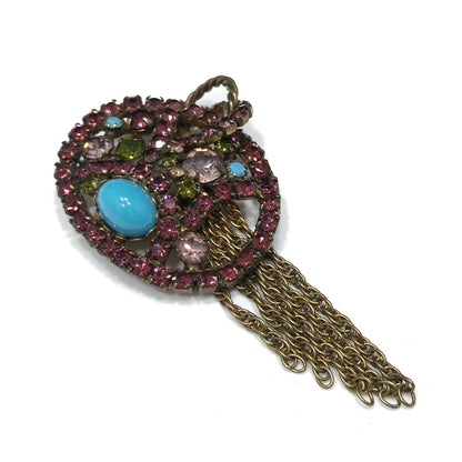 Vintage Purple Rhinestone Turquoise Cabochon Brooch, Antique Gold Tone Fringe Pin