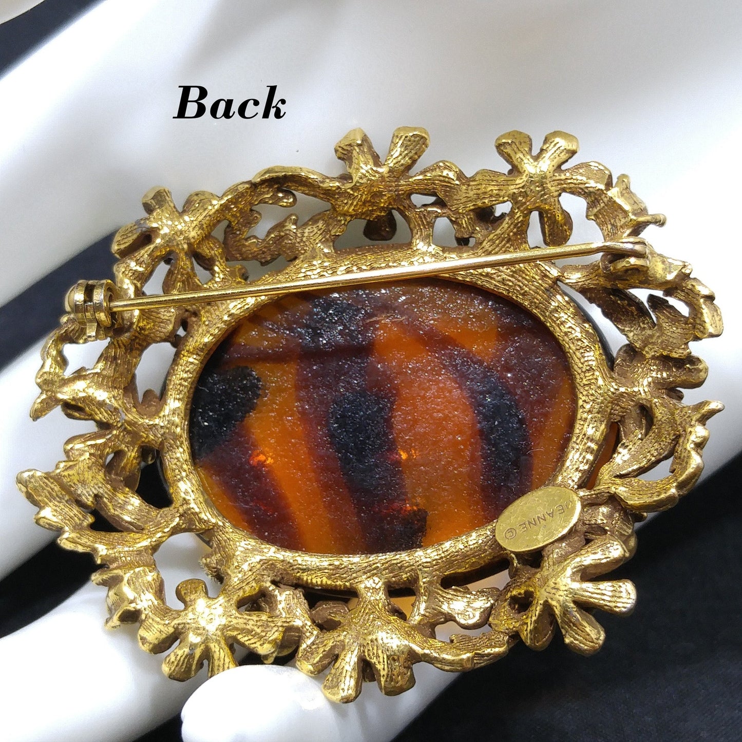 Jeanne Two Toned Glass Brooch, Light Dark Topaz Striped, 1960s Vintage Jewelry