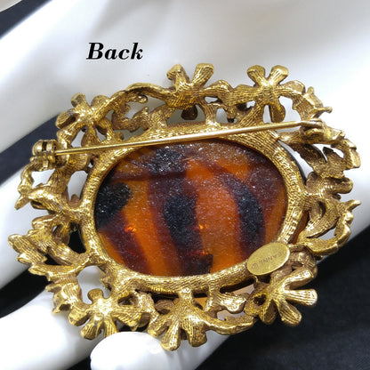 Jeanne Two Toned Glass Brooch, Light Dark Topaz Striped, 1960s Vintage Jewelry