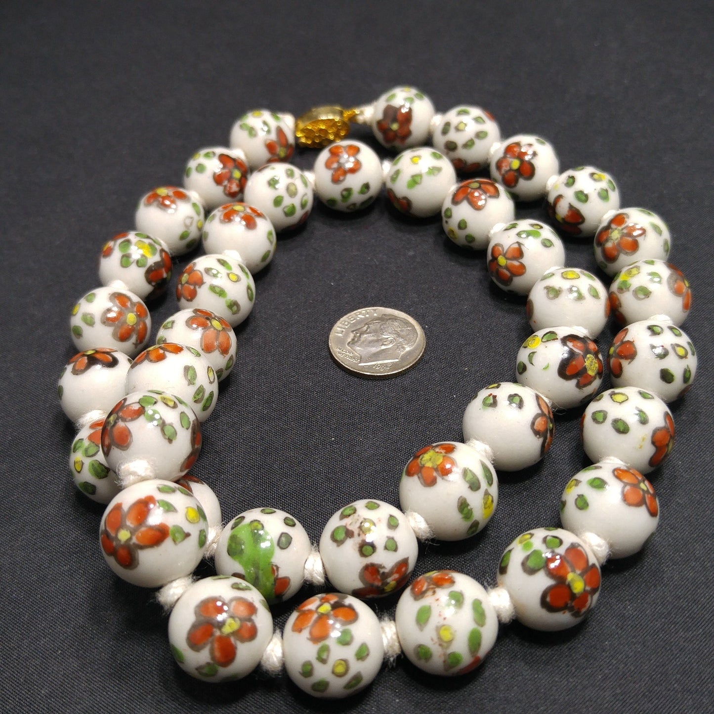 Vintage Ceramic Hand Painted Bead Necklace, Chinese Import, Hand-Knotted, 1960s