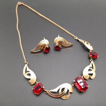 Van Dell Red Rhinestone Necklace Earrings Set, 12K GF, Screw Back Earrings, 1940s Vintage Jewelry
