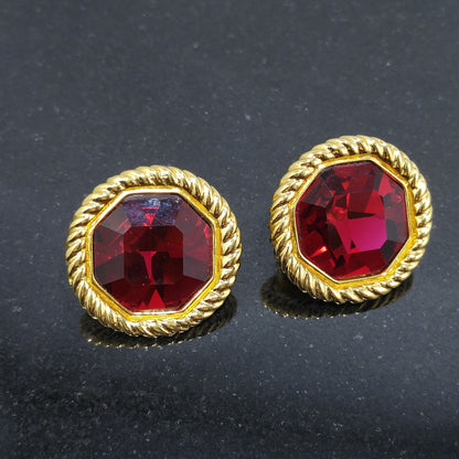 Vintage Swarovski Red Crystal Clip Earrings Gold Plated Rope Frame 1990s