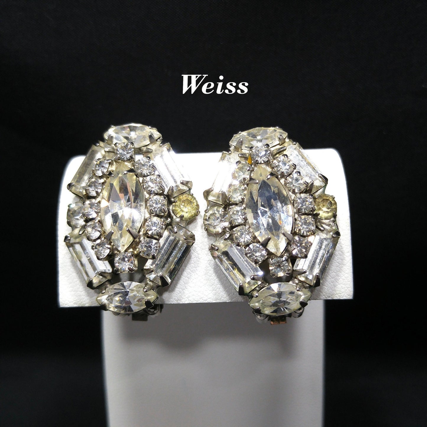 Weiss 1940s–50s Clear Rhinestone Clip-On Earrings | Marquise & Emerald Cut Vintage Bridal Jewelry