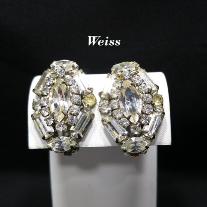 Weiss 1940s–50s Clear Rhinestone Clip-On Earrings | Marquise & Emerald Cut Vintage Bridal Jewelry