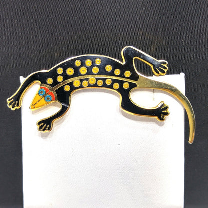 Laurel Burch Black "Lizard" Brooch, Gold Plated Cloisonne, 1980s Vintage Jewelry