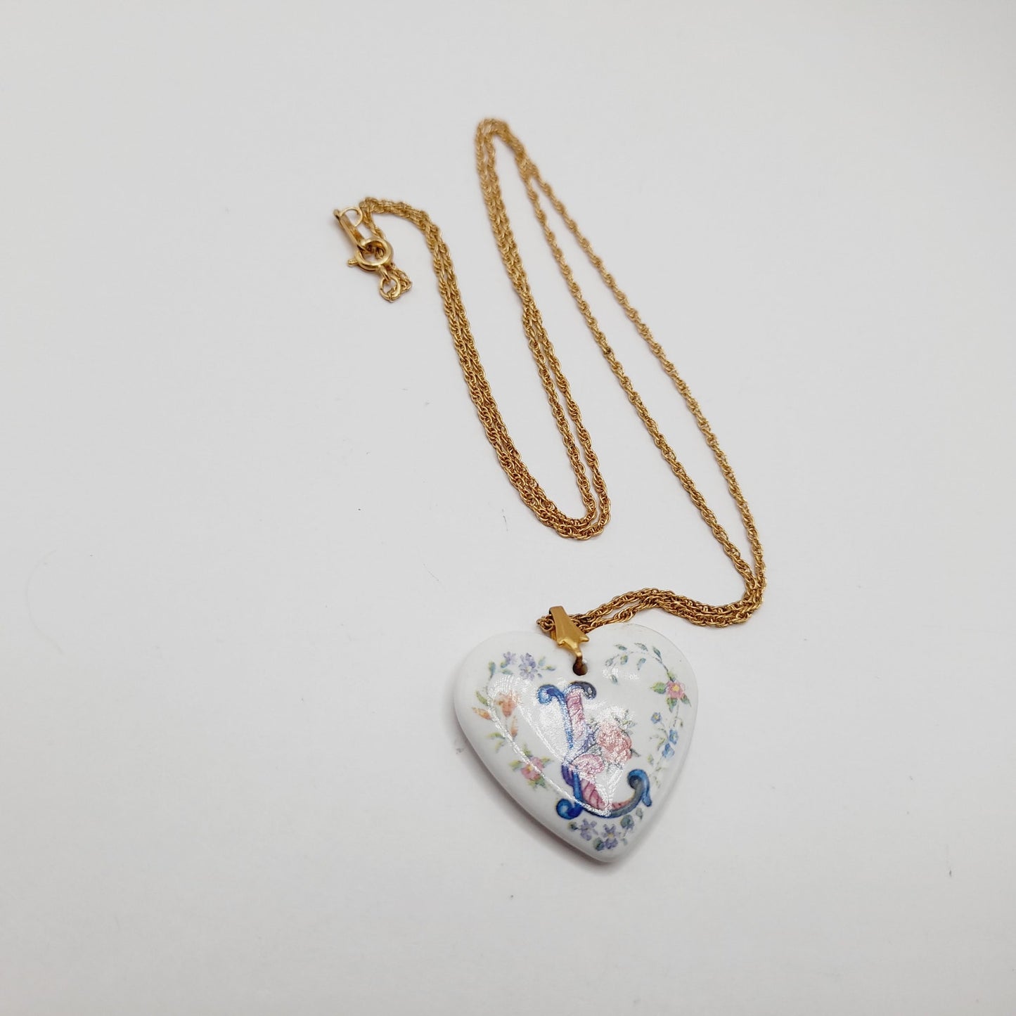 Vintage Avon Porcelain Heart “L” Initial Necklace on 24” Gold Rope Chain