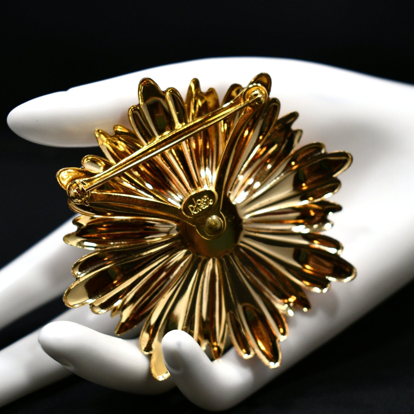 Joan Rivers Orange Gold Plated Floral Brooch, Rhinestone Center, 1990s
