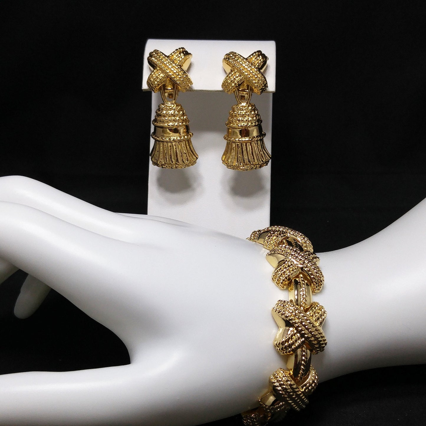 Vintage Ivana Tassel Earrings & Bracelet Set, Gold Plated, 1990s Vintage Jewelry