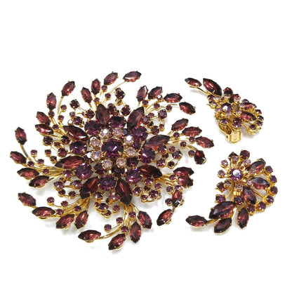 Mid-century Large Purple Rhinestone Brooch & Earrings, Floral Design, 1950s Vintage Jewelry