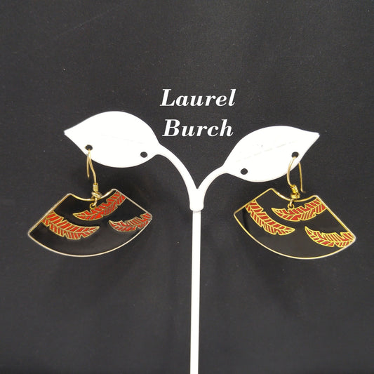 Laurel Burch Large Fan Earrings, Palm Leaves Design, Black Red Enamel, Gold Plated, 1980s
