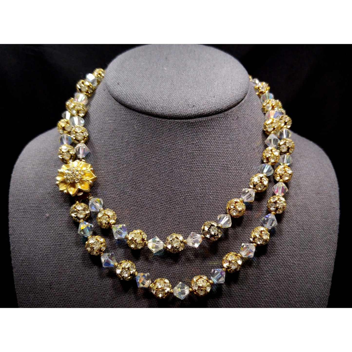 Vintage 1960s AB Crystal Rhinestone Gold Floral Clasp Two Strand Necklace