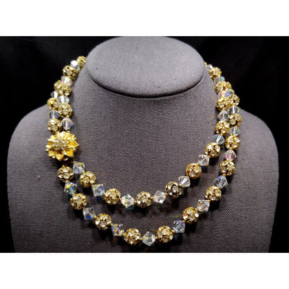 Vintage 1960s AB Crystal Rhinestone Gold Floral Clasp Two Strand Necklace
