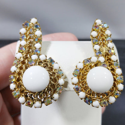 Hobe Milk Glass Clip Earrings, Gold Plated, Ear Climbers, 1960s Vintage Jewelry