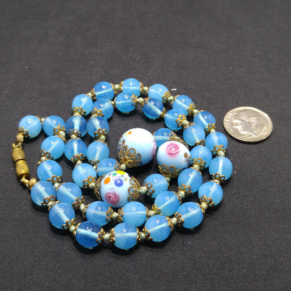 Murano Bead Hand Knotted Necklace, Three Wedding Cake Beads, 1950s Vintage Jewelry