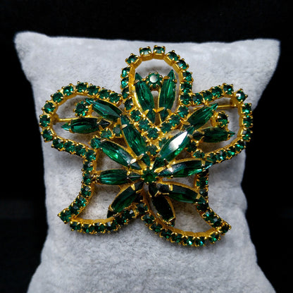 Green Rhinestone Floral Brooch, Gold Plated, 1960s Vintage Jewelry