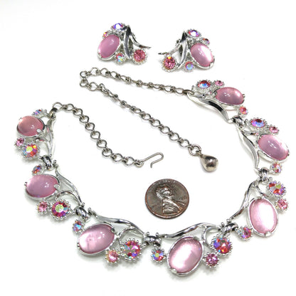 Selro Pink Lucite Necklace & Earrings, Aurora Borealis Pink Rhinestones, 1960s Vintage Jewelry
