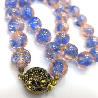 Blue Pink Crackle Glass Beaded Necklace, Filigree Brass Clasp, 1950s Vintage Jewelry