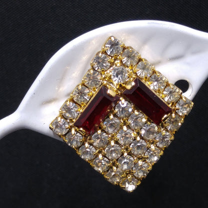 Hobe' Designer Red Clear Rhinestone Clip Earrings, Gold Plated, 1960s Vintage Jewelry