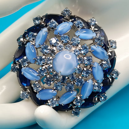 Vintage Blue Domed Rhinestone Brooch Light & Dark Blue Cabochon 1960s